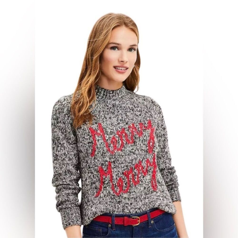 LOFT Merry Mock Neck Wool Blend Holiday Sweater Black White Speckled Knit Medium
